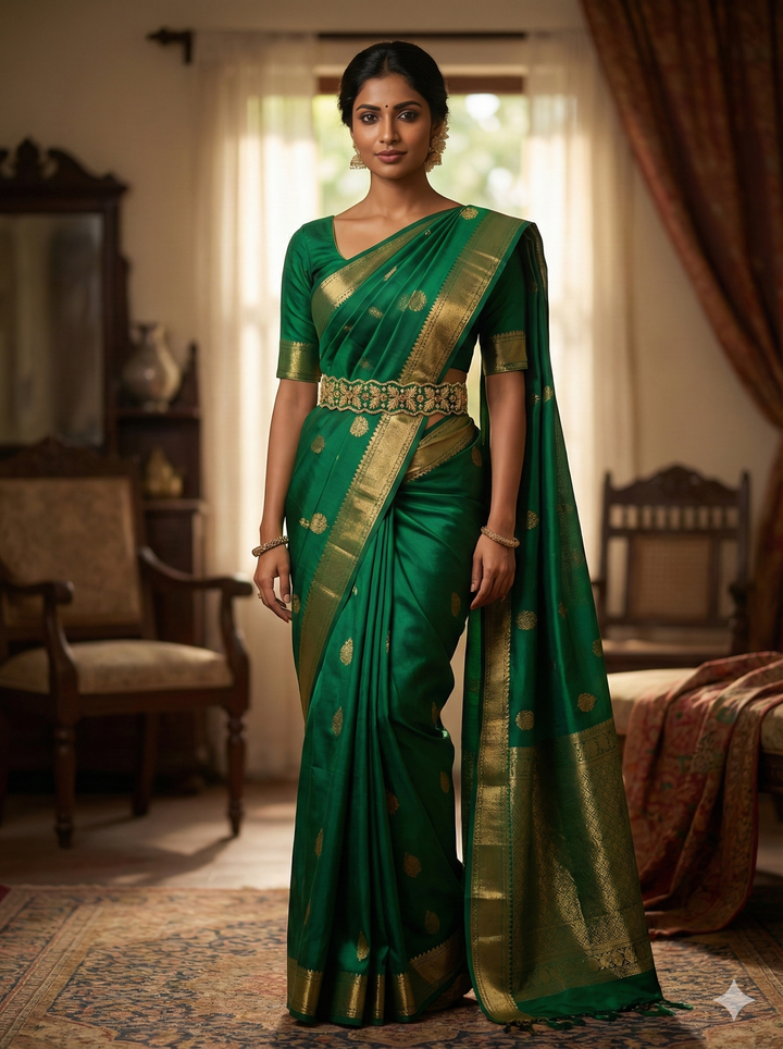 Dark Green Raw Silk Hand Embroidered Waist Belt