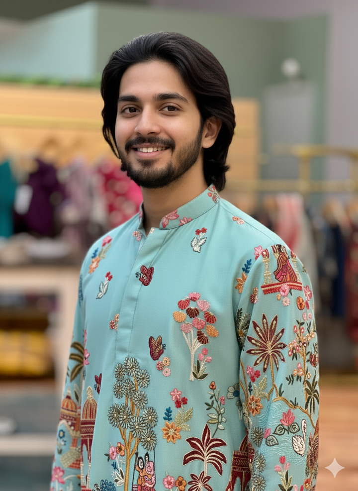 Aqua color Tree And Peacock Daman Work Kurta Pajama Set