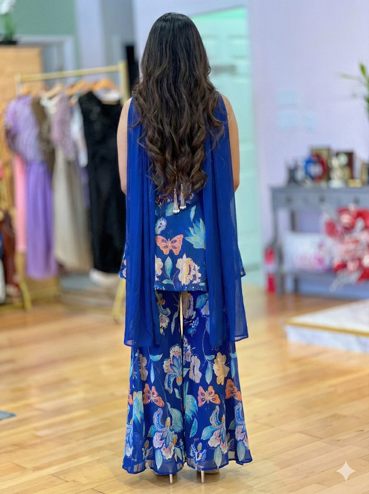 Blue Floral Print Sharara With Choker Dupatta