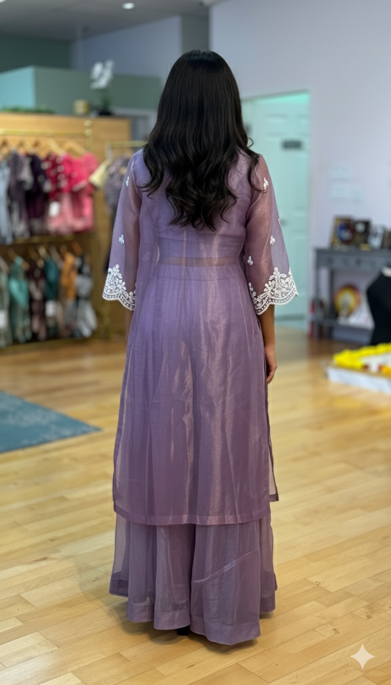 Dark Lavender Tissue Lehenga With Embroidered Blouse And Long Jacket