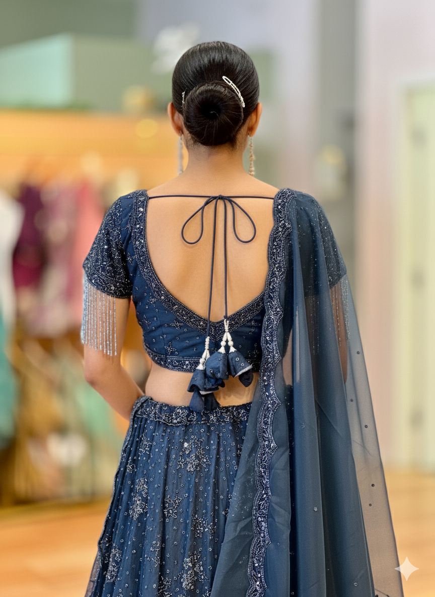 Ink Blue Hand Embroidered Lehenga