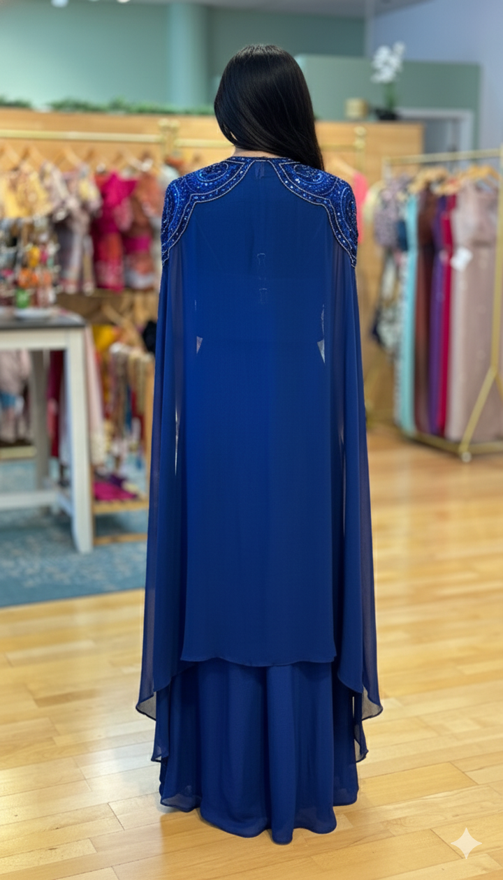 Persian-Blue Draped Skirt With Embroidered Blouse And Cape