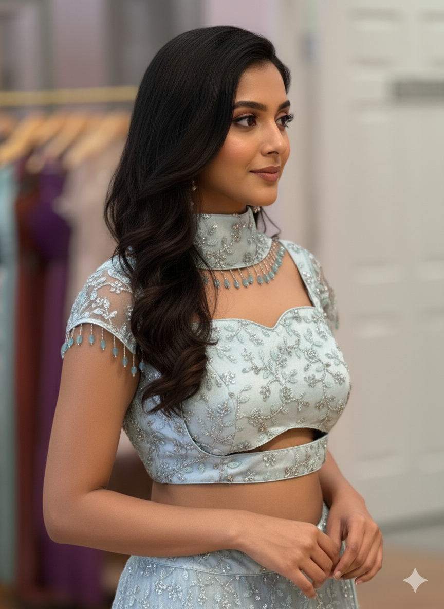 Pastel-Blue Cutdana Embroidered Lehenga with Madhubala-Cut Blouse