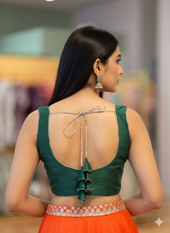 Bottle Green Rawsilk Sleeveless Blouse