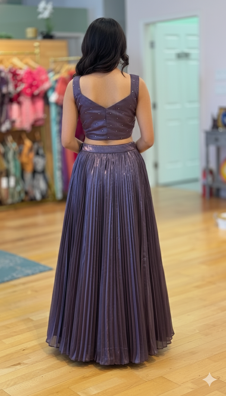 Dark Mauve Crushed Tissue Lehenga With Sequins Embroidered Blouse And Choker Dupatta