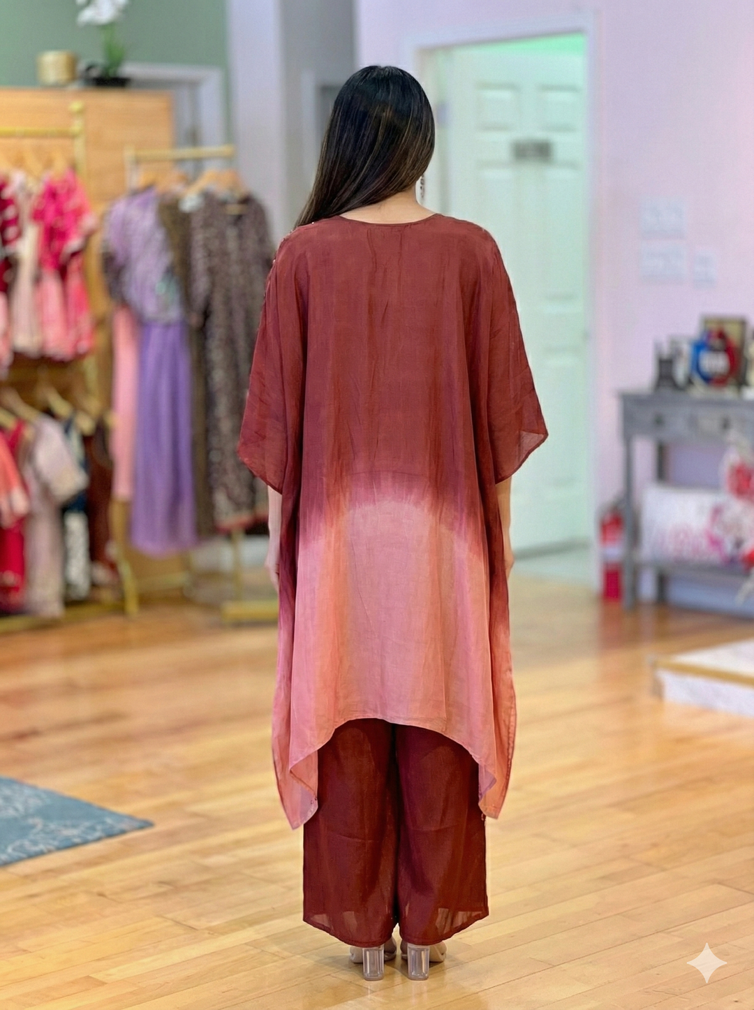 Dark And Light Rust Kaftan Top With Palazzo