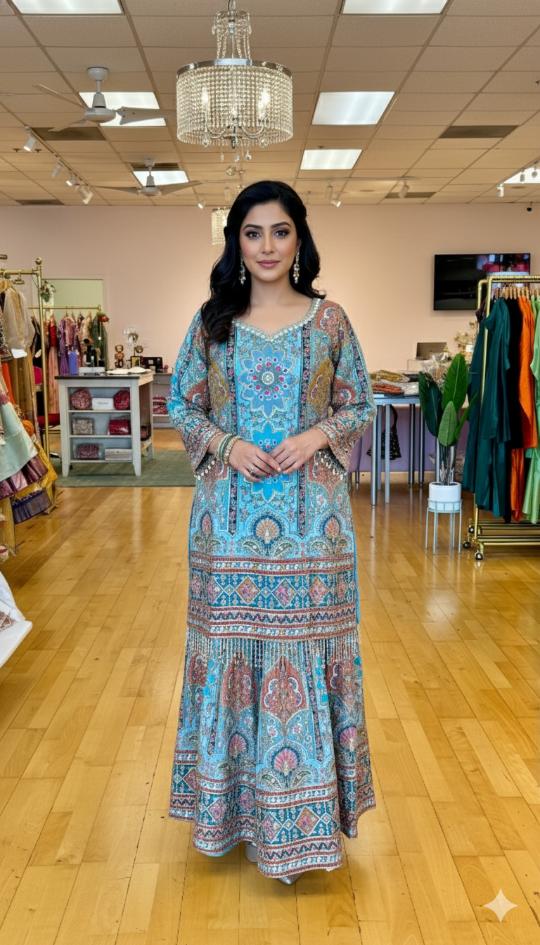 Sky Blue Multi-Floral Position Print Embroidered Gharara Set