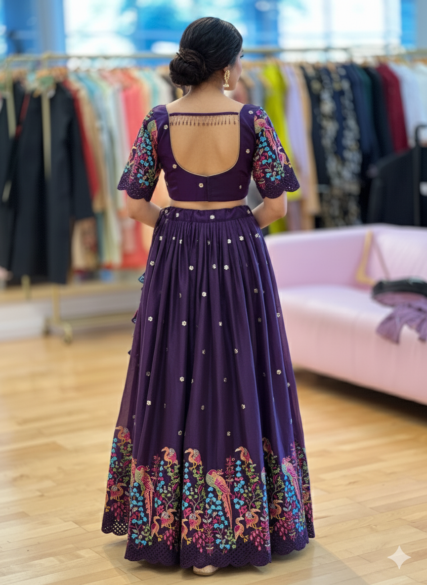 Dark Plum And Pink Embroidered Lehenga Set