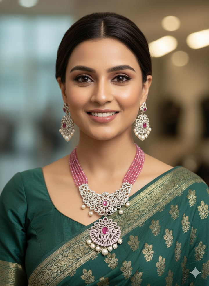 Ruby Gem Beads With AD Pendant And Ear rings