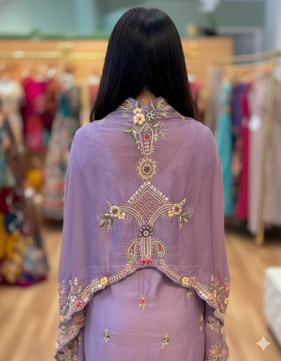 Heather Purple Sharara Set With Embroidered Blouse And Cape