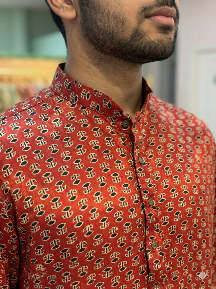 Red Gaji Silk Ajrakh Print Kurta