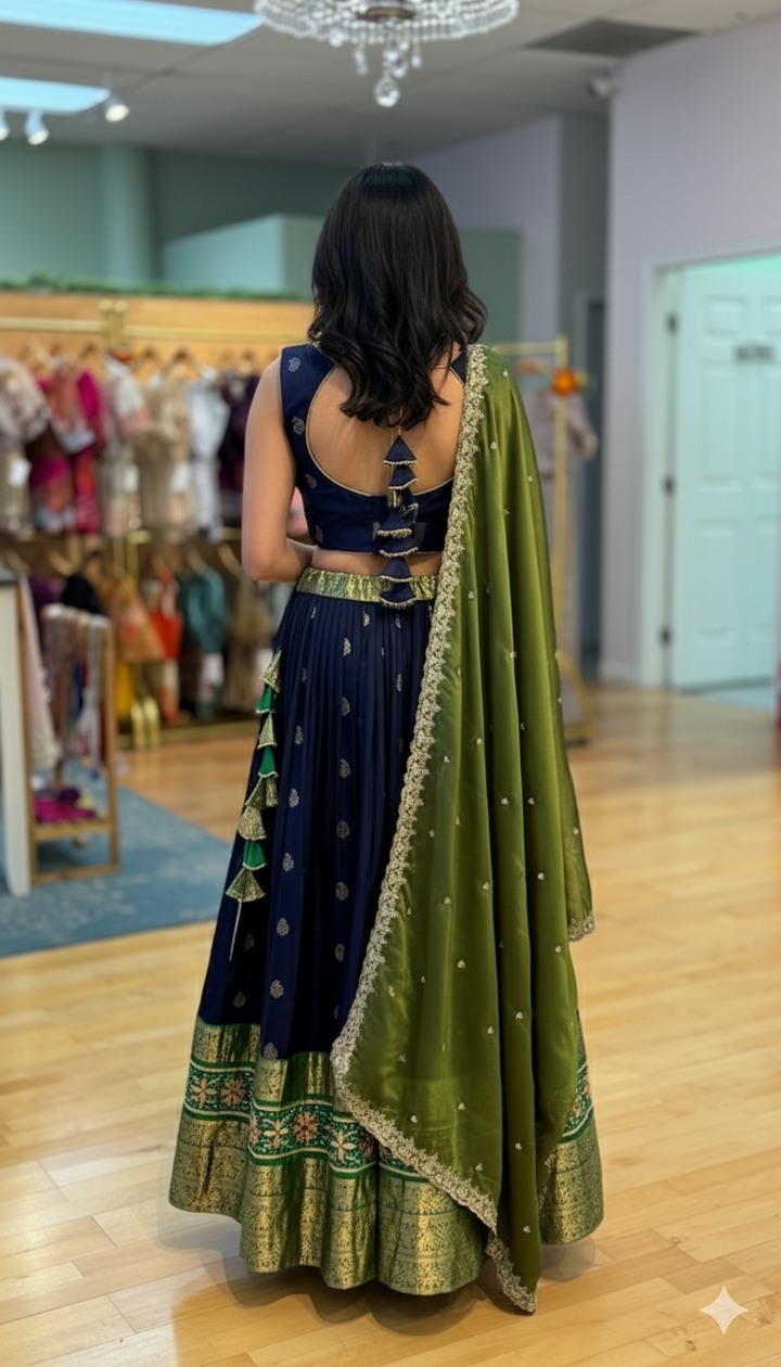 Navy Blue And Green Kanchi Silk Lehenga