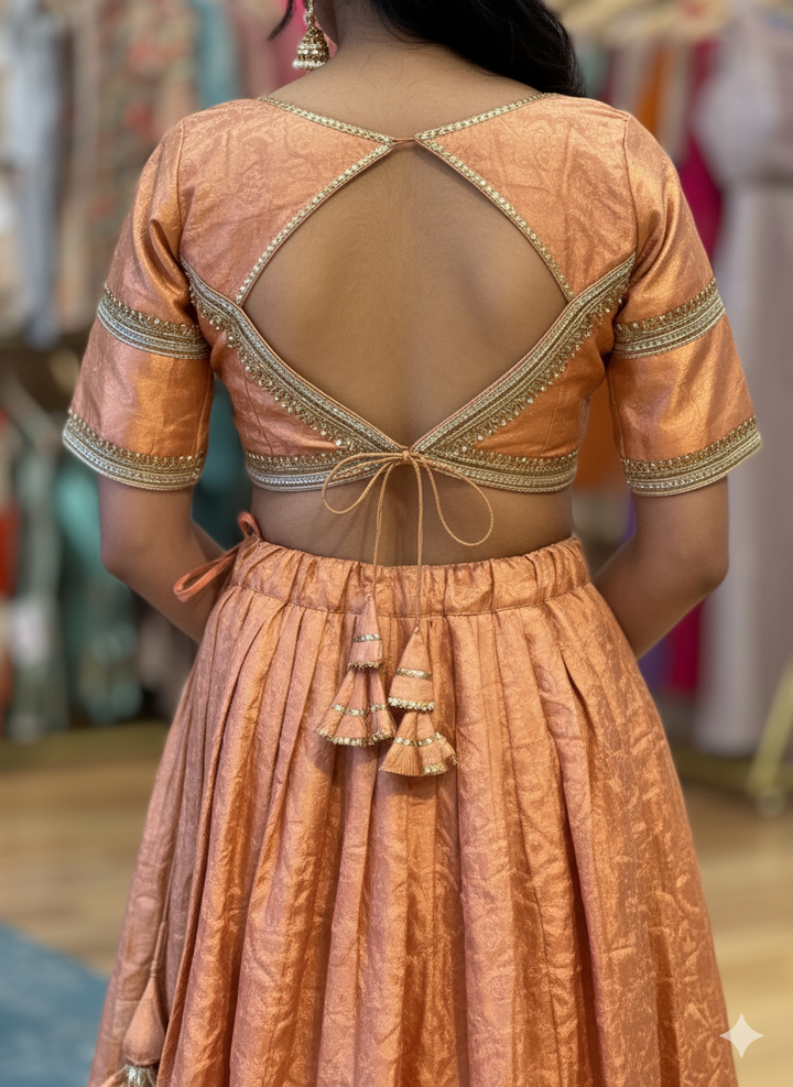 Copper Kanchi Silk Lehenga with Embroidered Borders And Silk Brown Dupatta