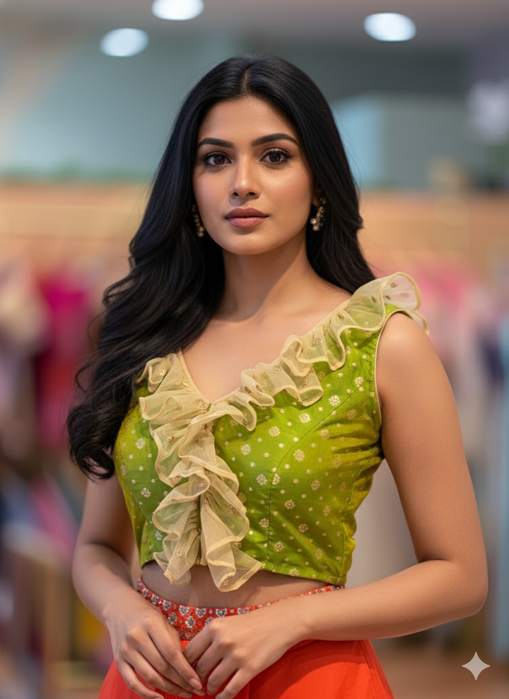 Parrot Green And Gold Ruffled Blouse