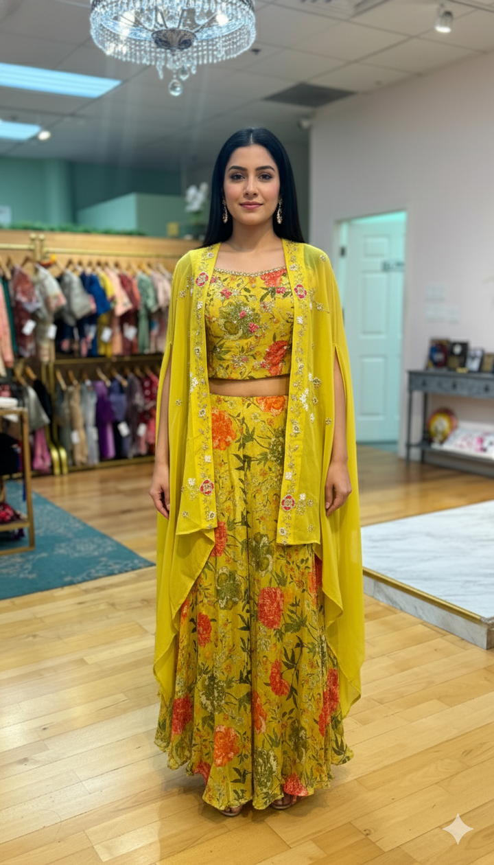 Yellowish Green Multi Floral Sharara Set WIth Cape