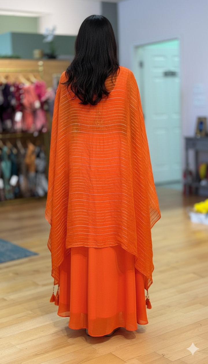 Orange Draped Skirt With Embroidered Blouse And Cape