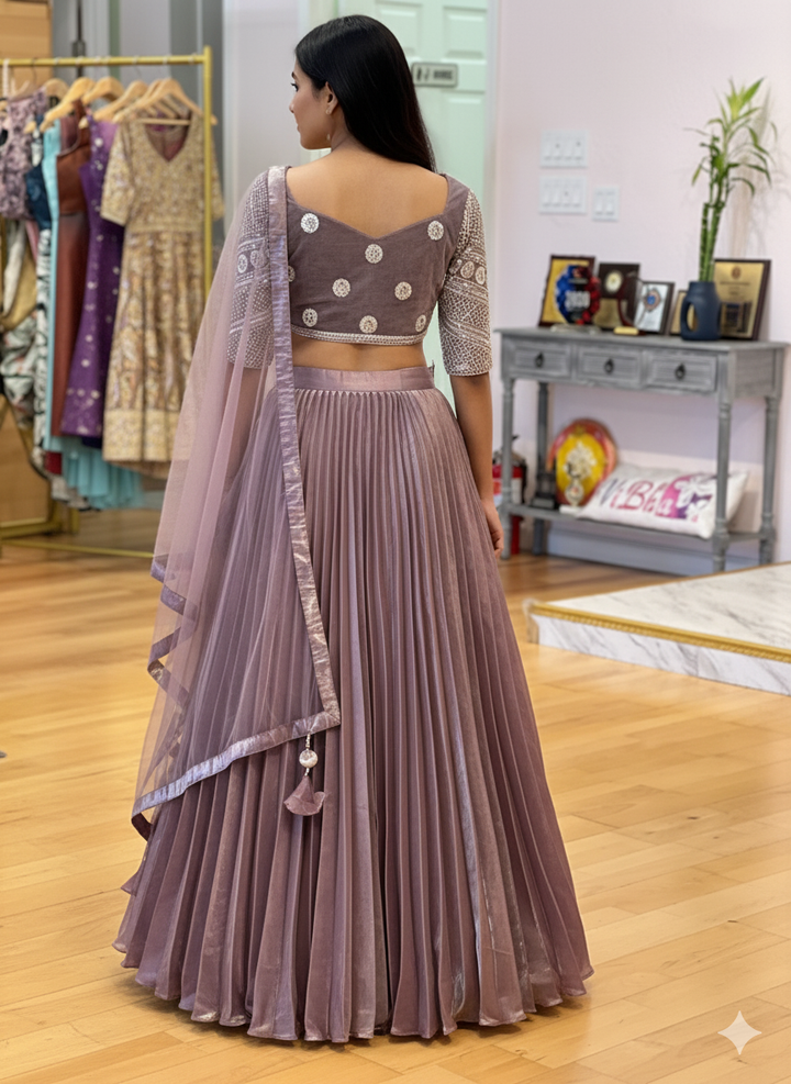 Pastel Mauve Crushed Tissue Lehenga With Embroidered Blouse And Dupatta
