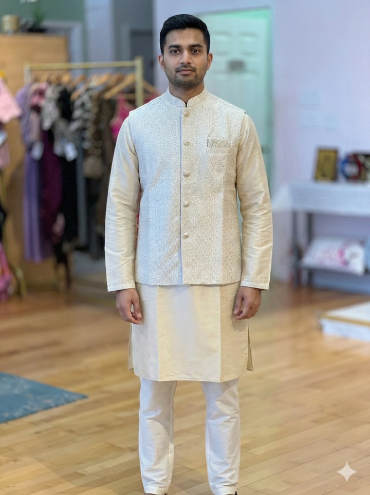 Ivory-Beige Kurta Set with Embroidery Vest
