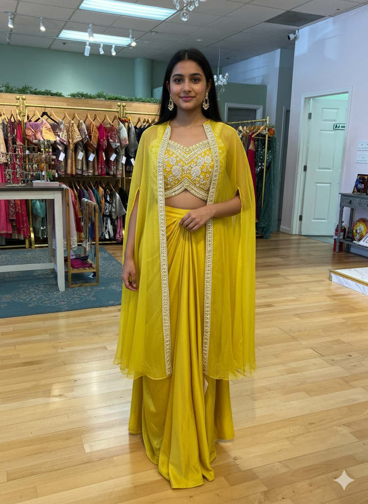 Yellow Draped Skirt With Embroidered Blouse And Cape
