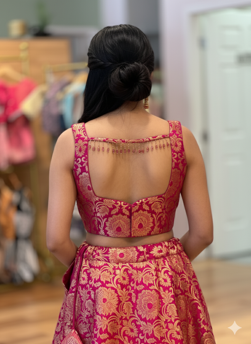 Pink Banarasi-Brocade Silk Lehenga And Blouse With White Dupatta