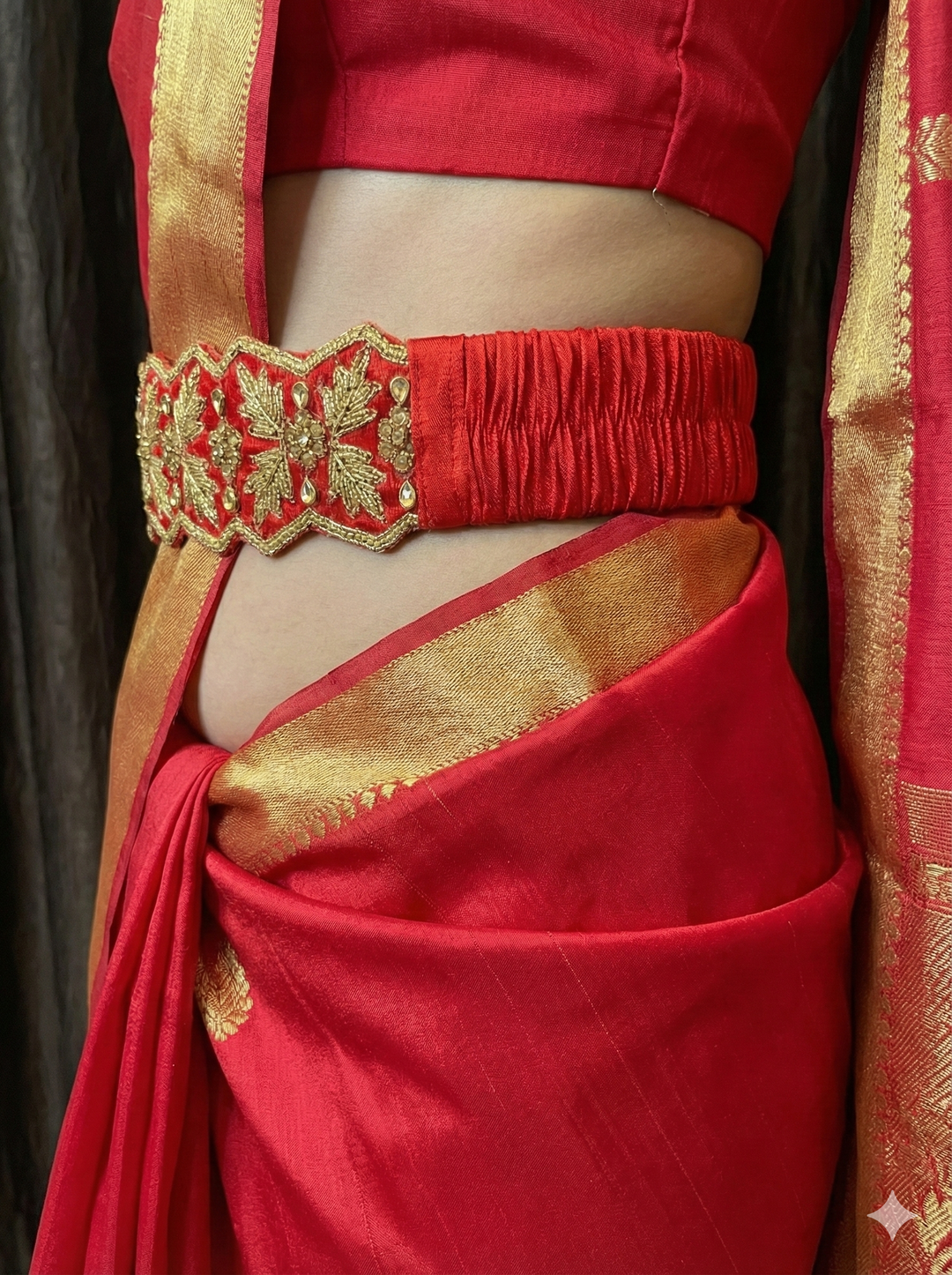 Red Raw Silk Hand Embroidered Waist Belt