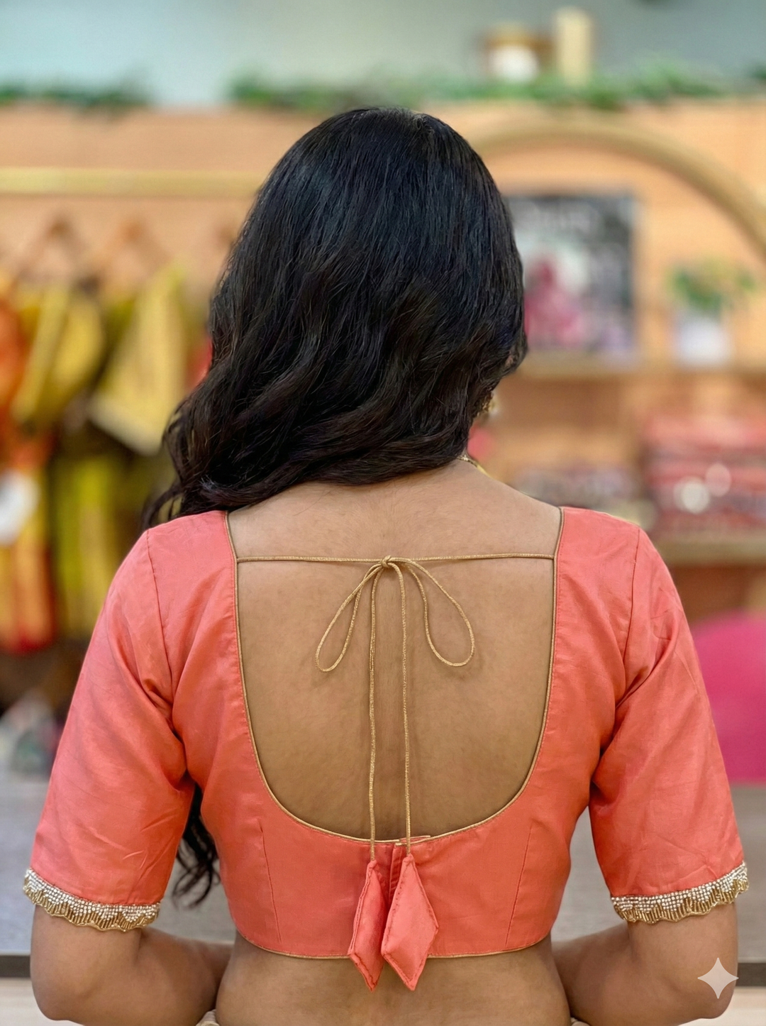 Dark Peach Silk Blouse With Embroidered Sleeve Borders