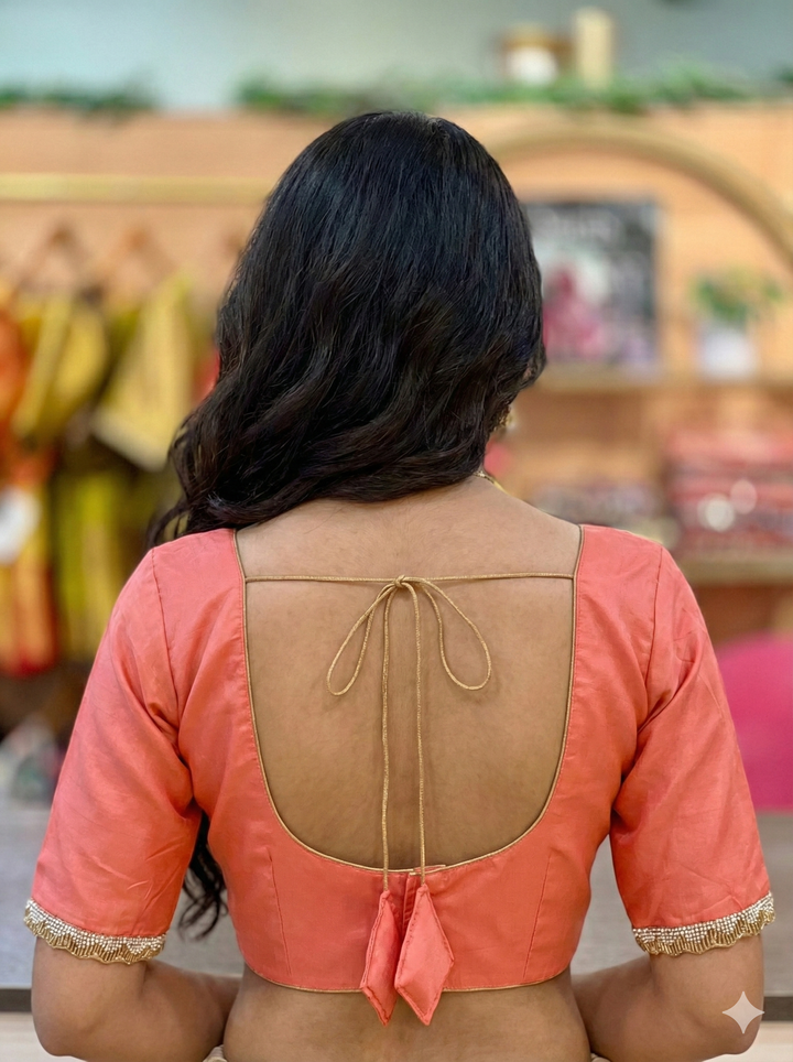 Dark Peach Silk Blouse With Embroidered Sleeve Borders