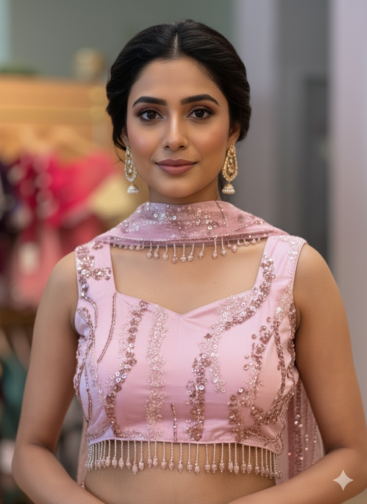 Pastel-Pink Cutdana Embroidered Lehenga with Choker-Dupatta
