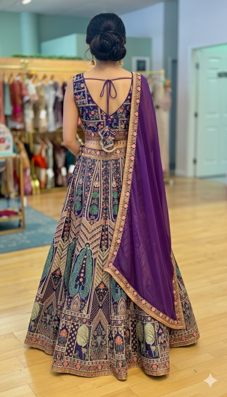 Purple Hand Embroidered Lehenga With Peacock Motifs