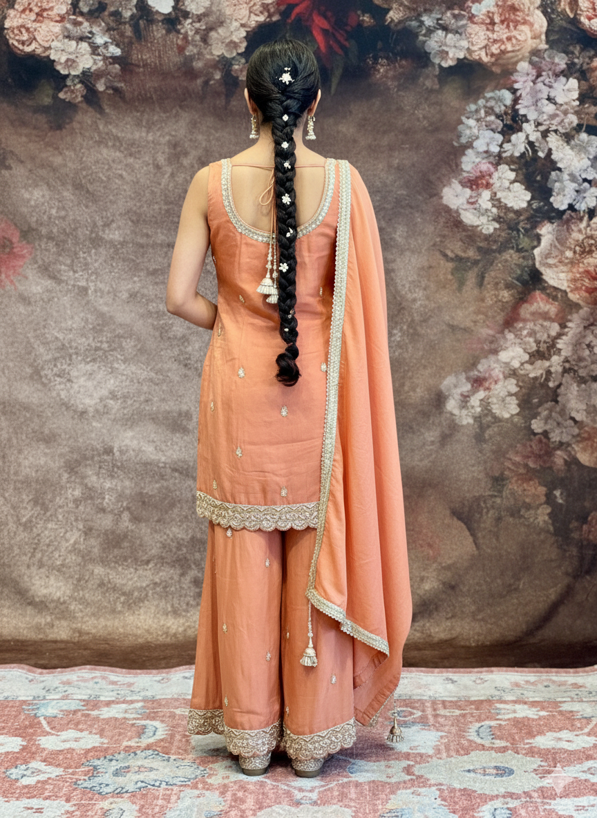 Peach Tissue Embroidered Sharara Set