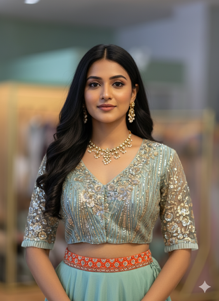 Sage Green Color Hand Embroidered Blouse