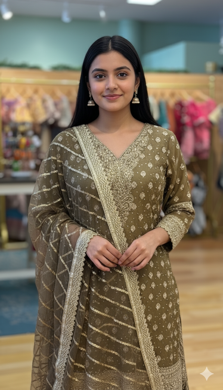 Gothic Olive Embroidered Sharara Set