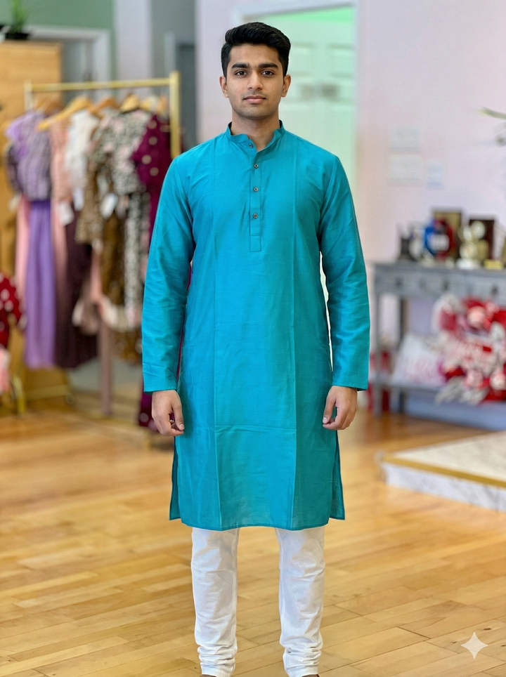 Aqua Blue Plain Silk Kurta