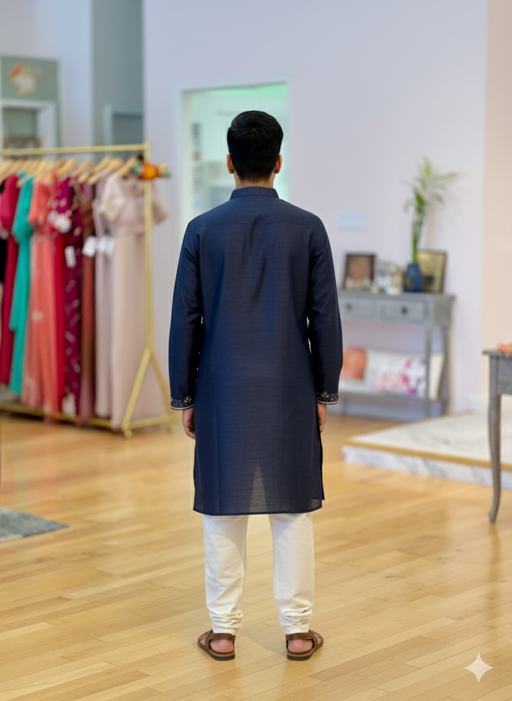 Navy Blue Kurta With Block Print Neck Line