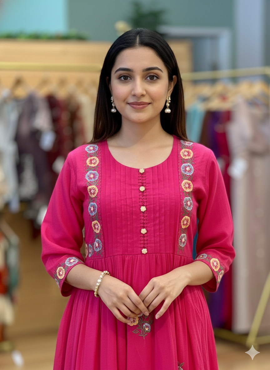Hot Pink Mul Chanderi Anarkali Salwar set