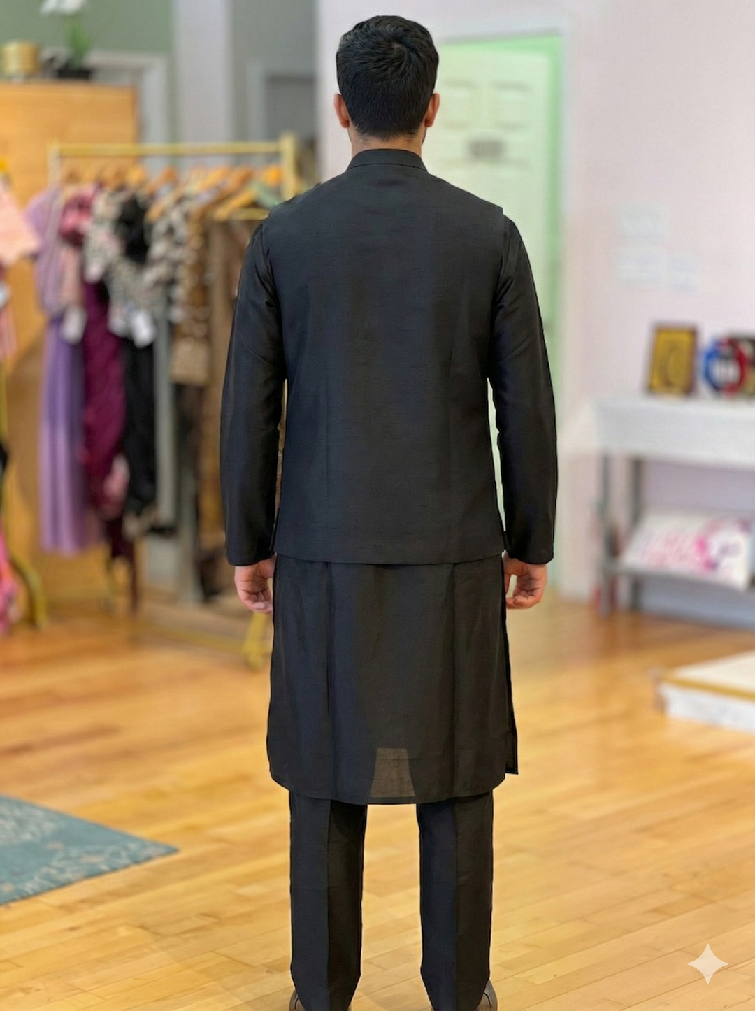 Black Kurtaset with Gold-Embroidered vest