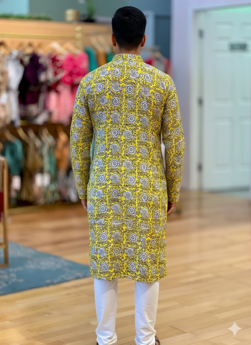 Yellow Gaji Silk Kalamkari Kurta