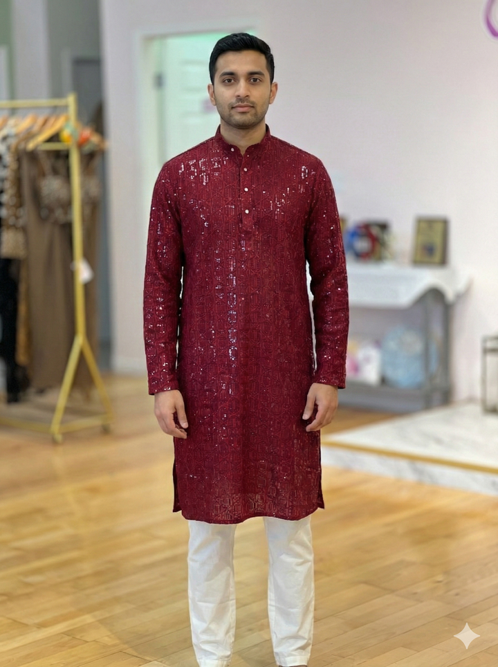 Maroon Sequins Embroidered Kurta