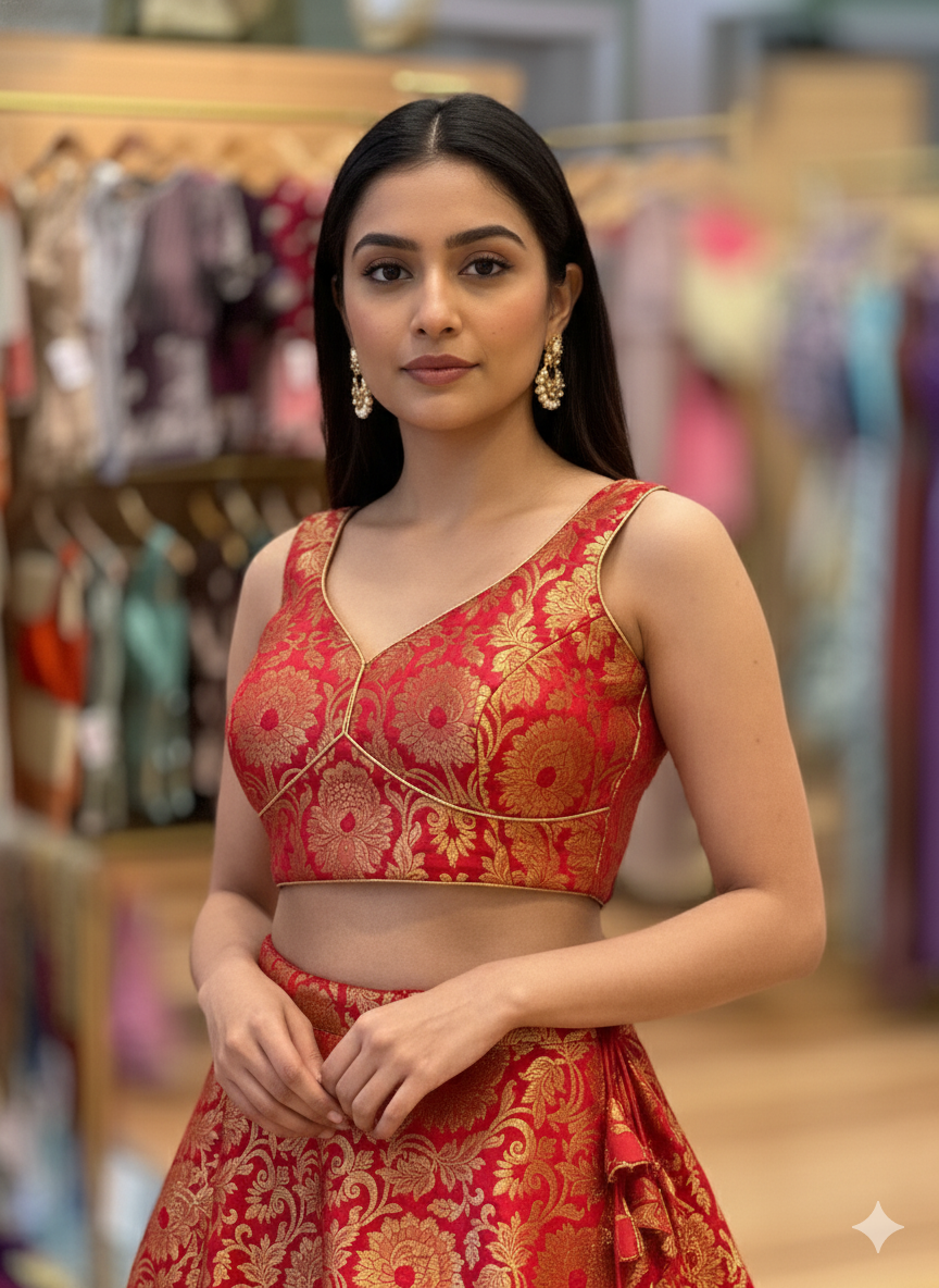 Red Benares Silk Lehenga