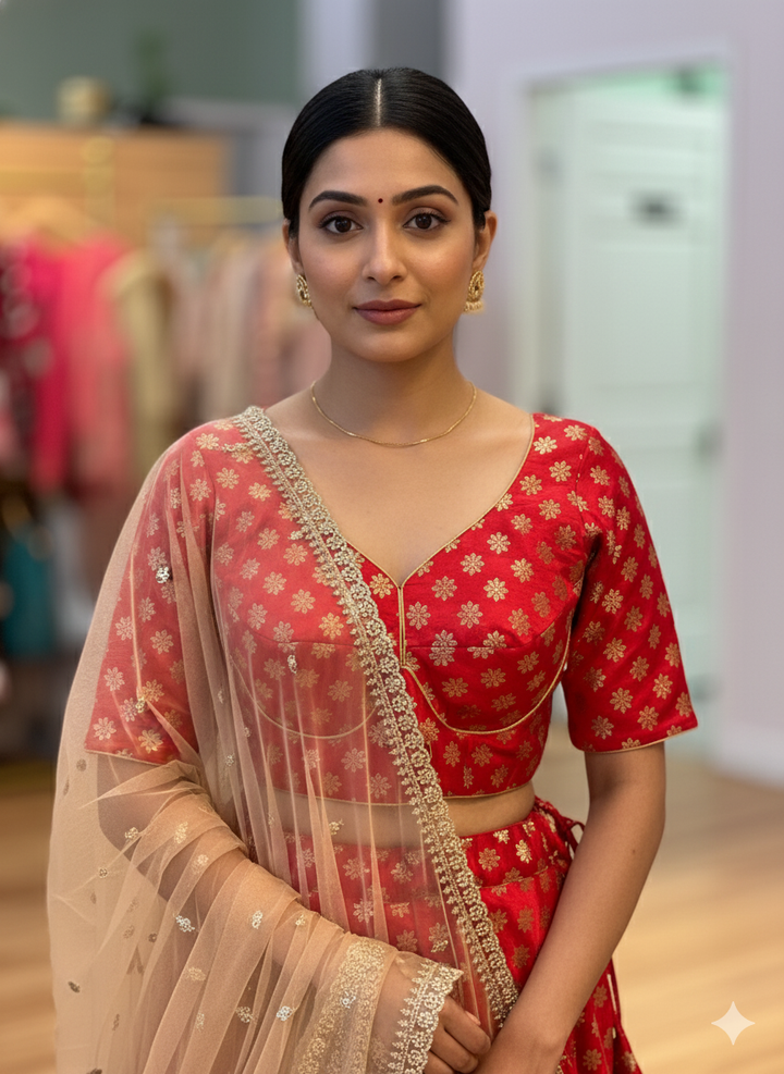 Red And Gold Banarasi Silk Brocade Lehenga Set