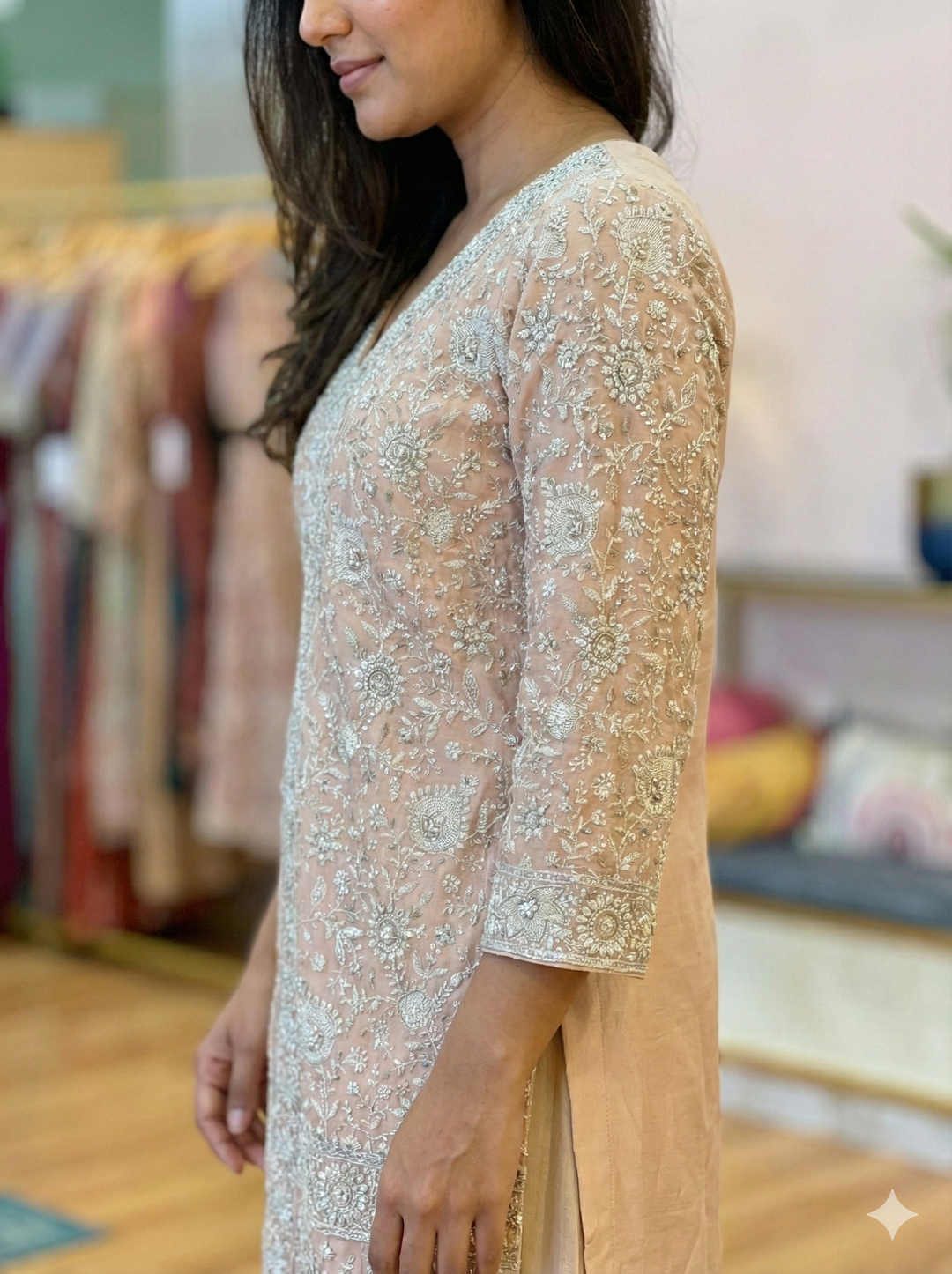 Pastel Peach Chikankari Embroidered Sharara Set With Choker Dupatta