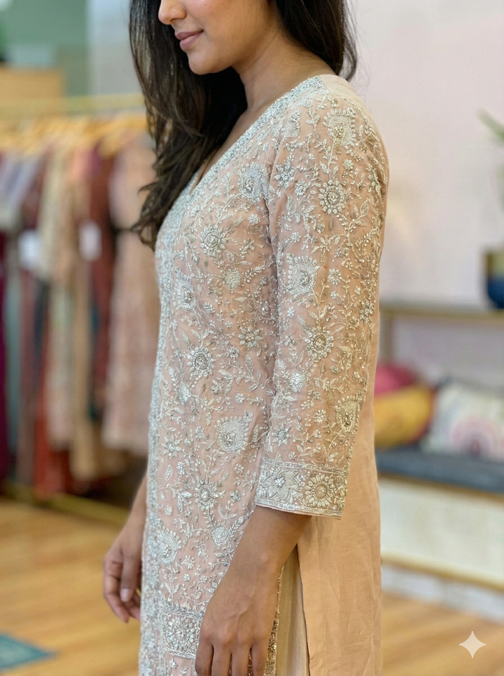 Pastel Peach Chikankari Embroidered Sharara Set With Choker Dupatta