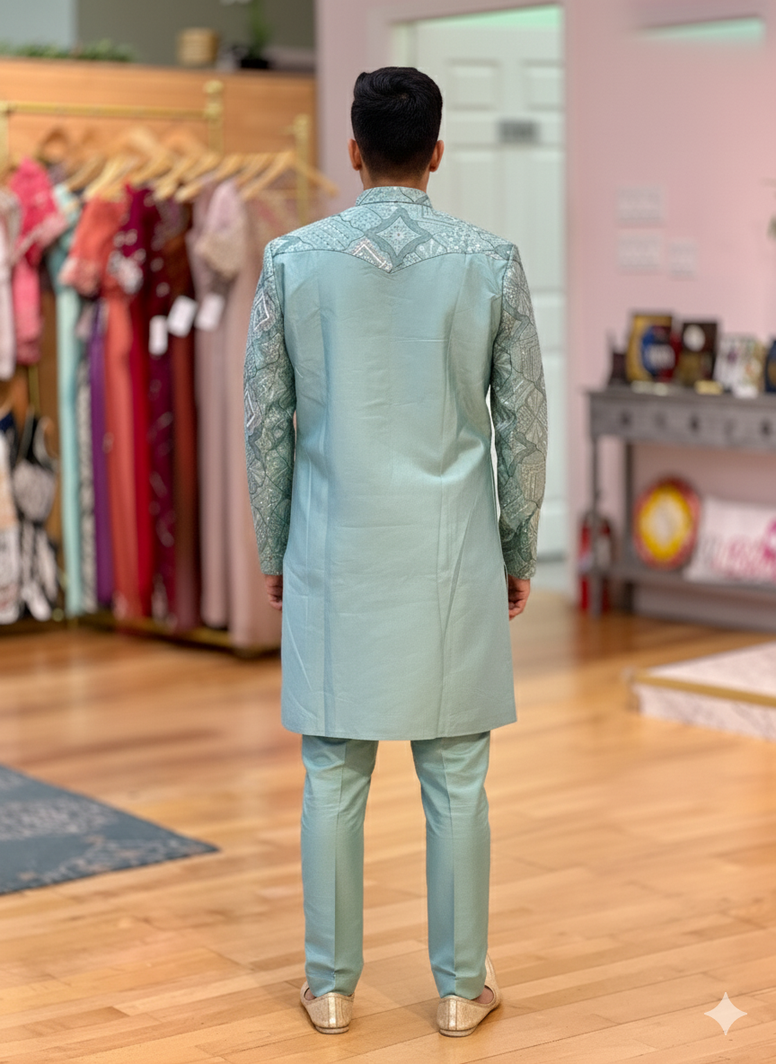 Pastel Mint Kurta Pajama with Attached Open Jacket