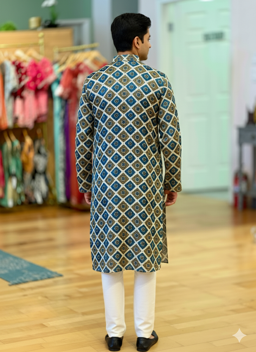 Blue And Green Gaji Silk Ajrakh Block Print Kurta