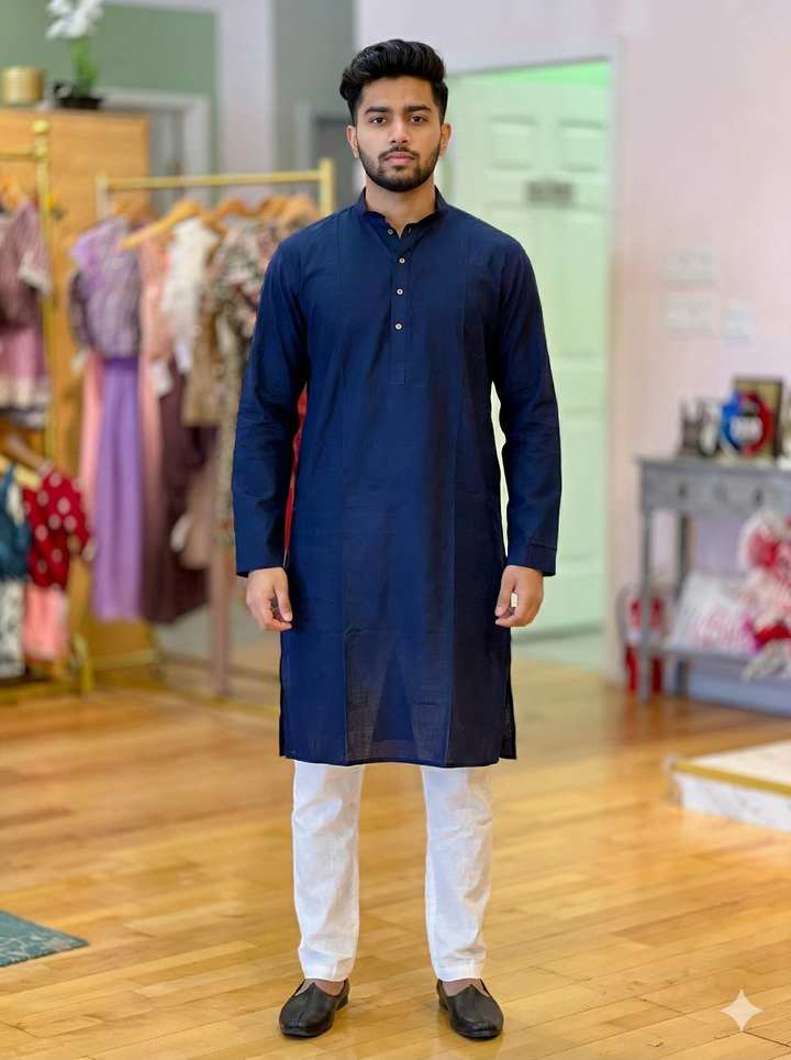 Navy Blue Plain Silk Kurta