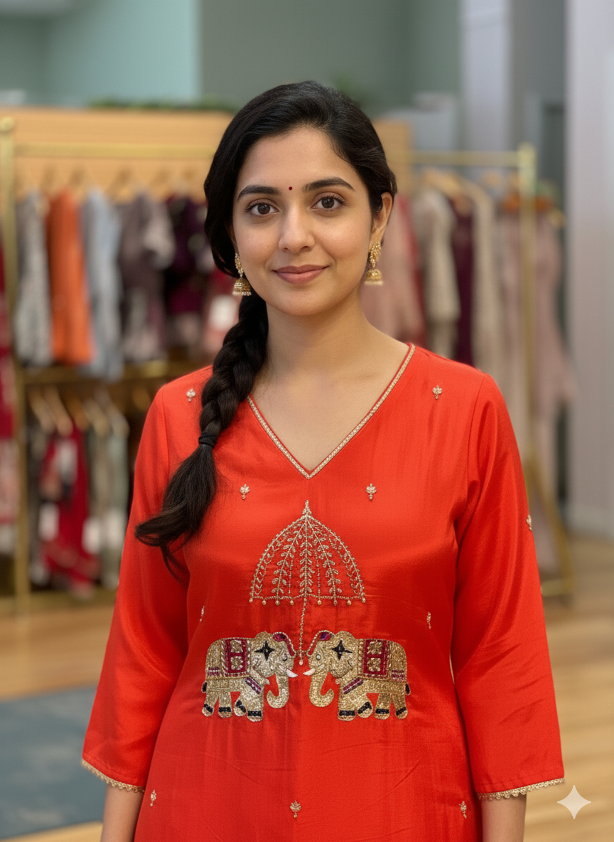 Orange and Pink Elephant Embroidered Set