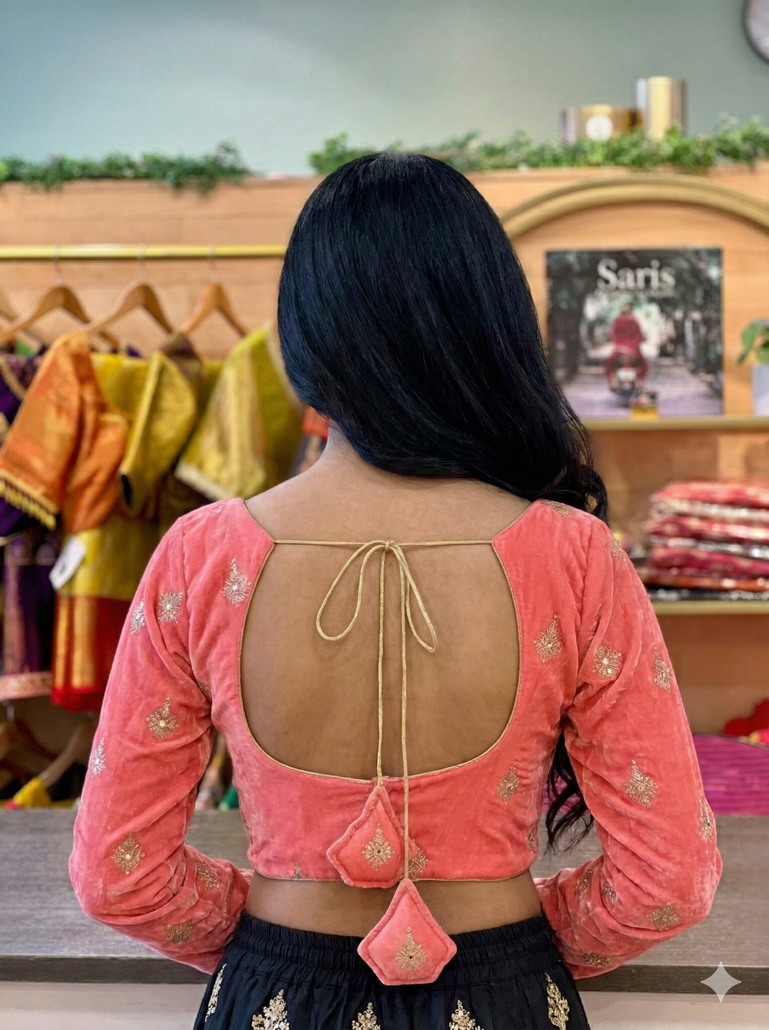 Dark Peach Velvet Full Sleeved Blouse