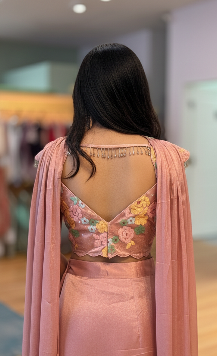 Dusty-Rose Coloured Draped Skirt With Sequins Embroidered Blouse And Choker Dupatta