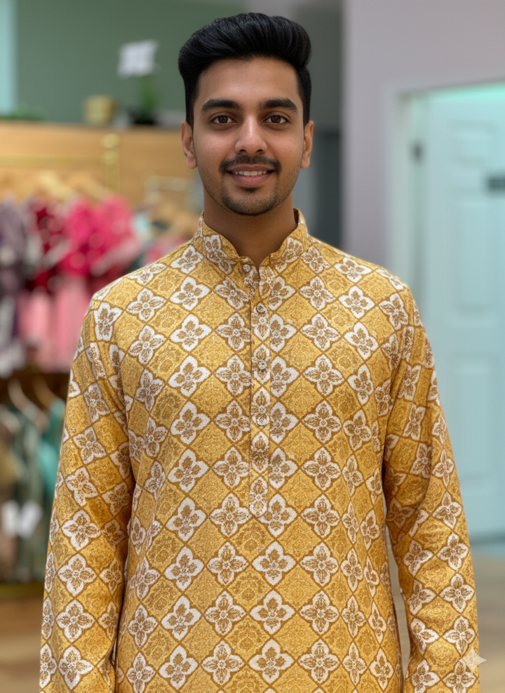 Mustard Yellow Printed Kurta Set