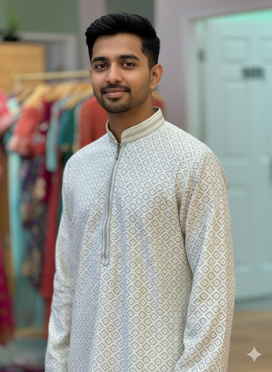 Ivory and Green Sequins Chikankari Kurta Set